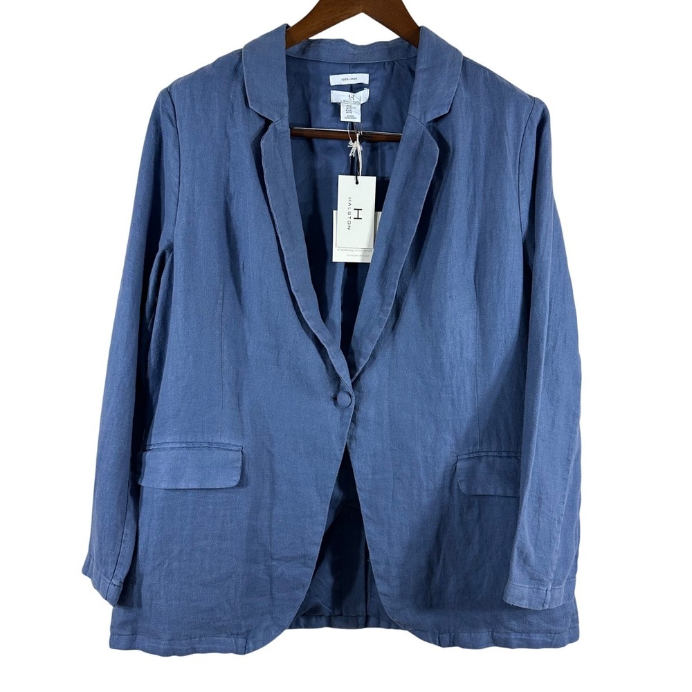 Halston Womens XL Blue 100% Linen Blazer Single Button Notched Lapel NWT